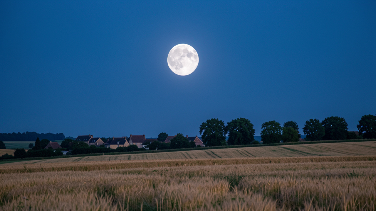Une pleine lune lumineuse se lève au-dessus d’un paysage français estival sous un ciel bleu profond au crépuscule.