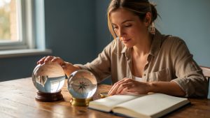 Une femme réfléchie examine deux boules de cristal différentes et s’oriente à l’aide d’une boussole, dans une atmosphère calme et symbolique.