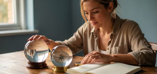 Une femme réfléchie examine deux boules de cristal différentes et s’oriente à l’aide d’une boussole, dans une atmosphère calme et symbolique.
