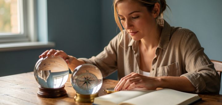 Une femme réfléchie examine deux boules de cristal différentes et s’oriente à l’aide d’une boussole, dans une atmosphère calme et symbolique.