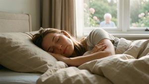 Une femme dort paisiblement et rêve de son grand-père âgé dans un jardin serein, dans une atmosphère douce et réfléchie.