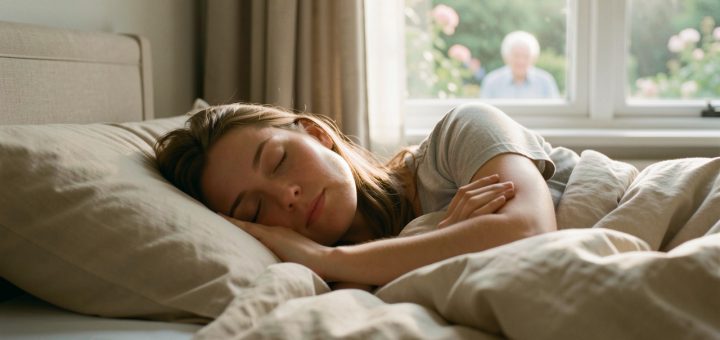 Une femme dort paisiblement et rêve de son grand-père âgé dans un jardin serein, dans une atmosphère douce et réfléchie.