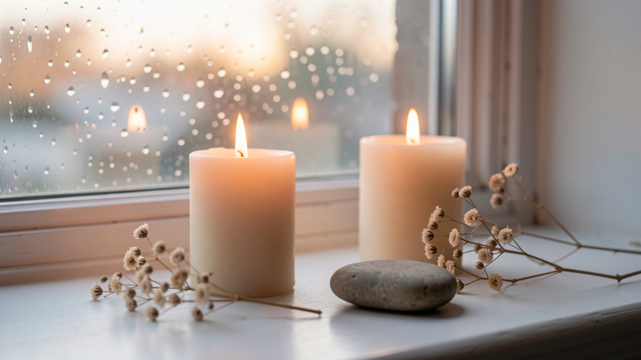Nature morte symbolisant la guérison émotionnelle après une rupture, avec deux bougies séparées, des fleurs séchées et une lumière douce à travers une fenêtre.