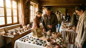 Salon bien-être automnal dans un domaine rural de Saône-et-Loire, avec des visiteurs découvrant des pierres, un jeu de cartes illustrées et des objets artisanaux sous une lumière douce.