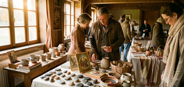 Salon bien-être automnal dans un domaine rural de Saône-et-Loire, avec des visiteurs découvrant des pierres, un jeu de cartes illustrées et des objets artisanaux sous une lumière douce.