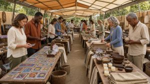 Salon bien-être lumineux à Méjannes-lès-Alès, avec des visiteurs adultes parcourant calmement des stands de cartes illustrées inspirées du tarot, de cristaux et d’objets artisanaux dans une ambiance chaleureuse.