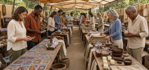 Salon bien-être lumineux à Méjannes-lès-Alès, avec des visiteurs adultes parcourant calmement des stands de cartes illustrées inspirées du tarot, de cristaux et d’objets artisanaux dans une ambiance chaleureuse.