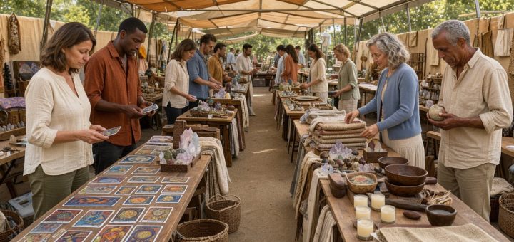 Salon bien-être lumineux à Méjannes-lès-Alès, avec des visiteurs adultes parcourant calmement des stands de cartes illustrées inspirées du tarot, de cristaux et d’objets artisanaux dans une ambiance chaleureuse.